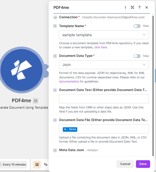 Büyütmek için tıklayın PDF4me'nin Şablon Kullanarak Belge Oluşturma modülü, Bağlantıyı gösteriyor, Şablon Adı PDF4me deposundan örnek bir şablona ayarlanmış, Belge Veri Türü Json, Belge Veri Metni boş, Belge Veri Dosyası önceki 2. adımdan eşlenmiş. Veri ve Meta Veri Json boş.